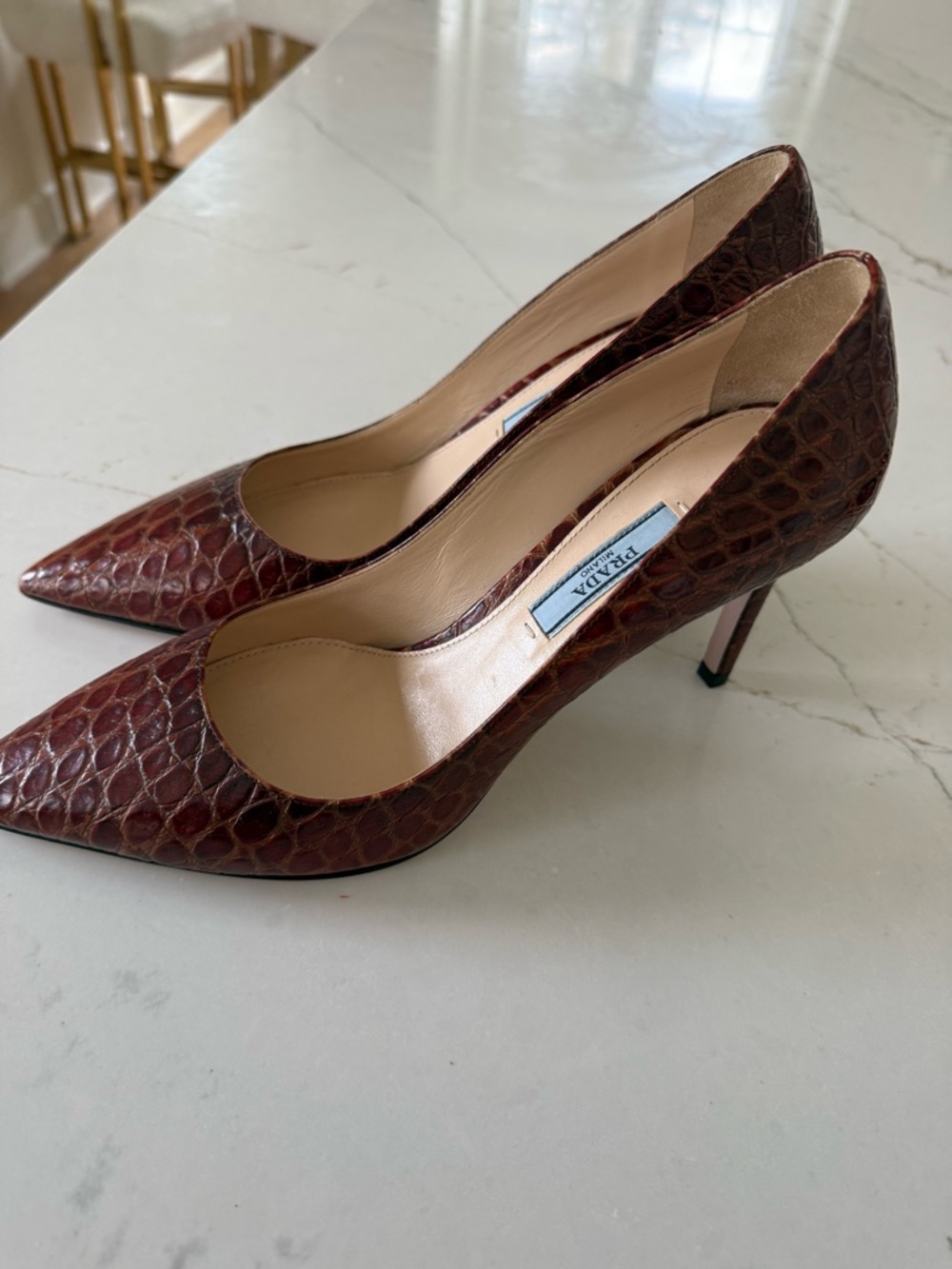 Prada Brown Croc-Embossed Pointed-Toe Pumps - Picture 5 of 8